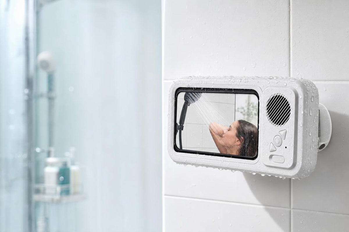 AquaSound mounted on the shower wall playing a video
