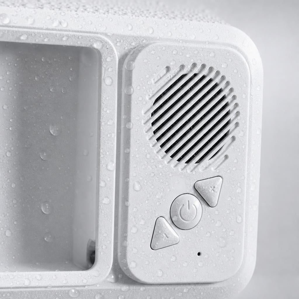 Detalle del altavoz y los botones del soporte